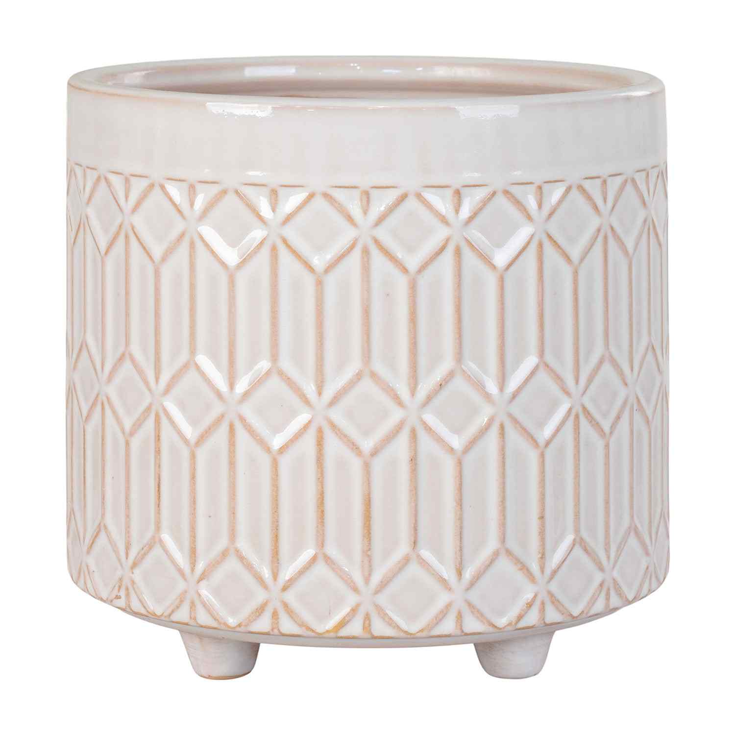 Crèmekleurige keramische pot met geometrisch patroon en drie pootjes, glanzend oppervlak, modern design.